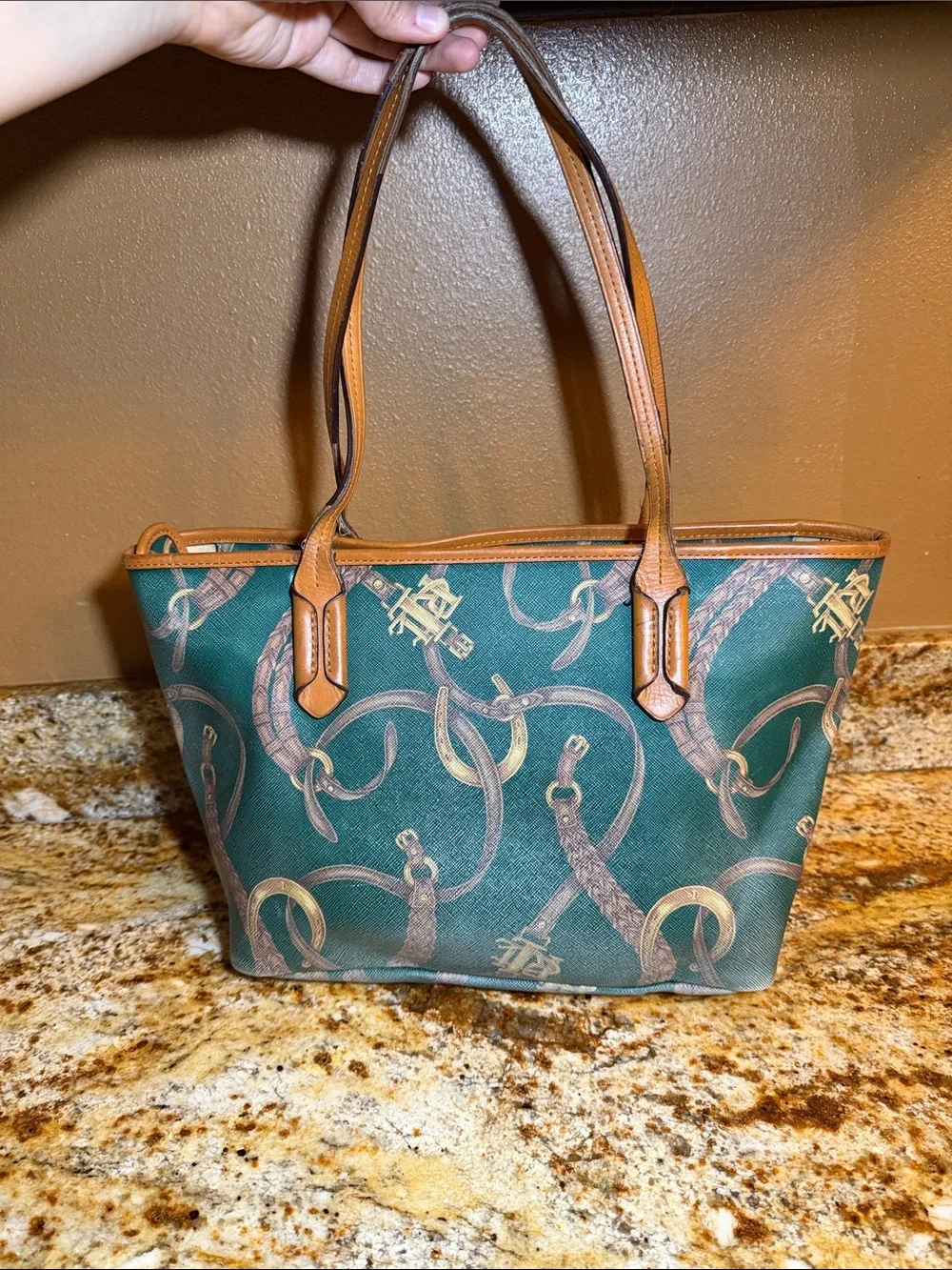 Ralph Lauren Green Printed Tote Bag with Tan Trim
